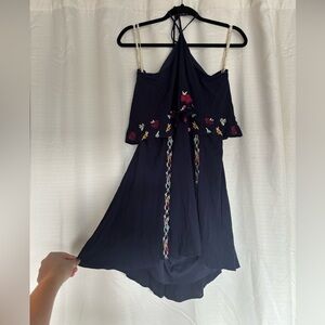 Blue Floral Embroidered Halter Neck Sundress